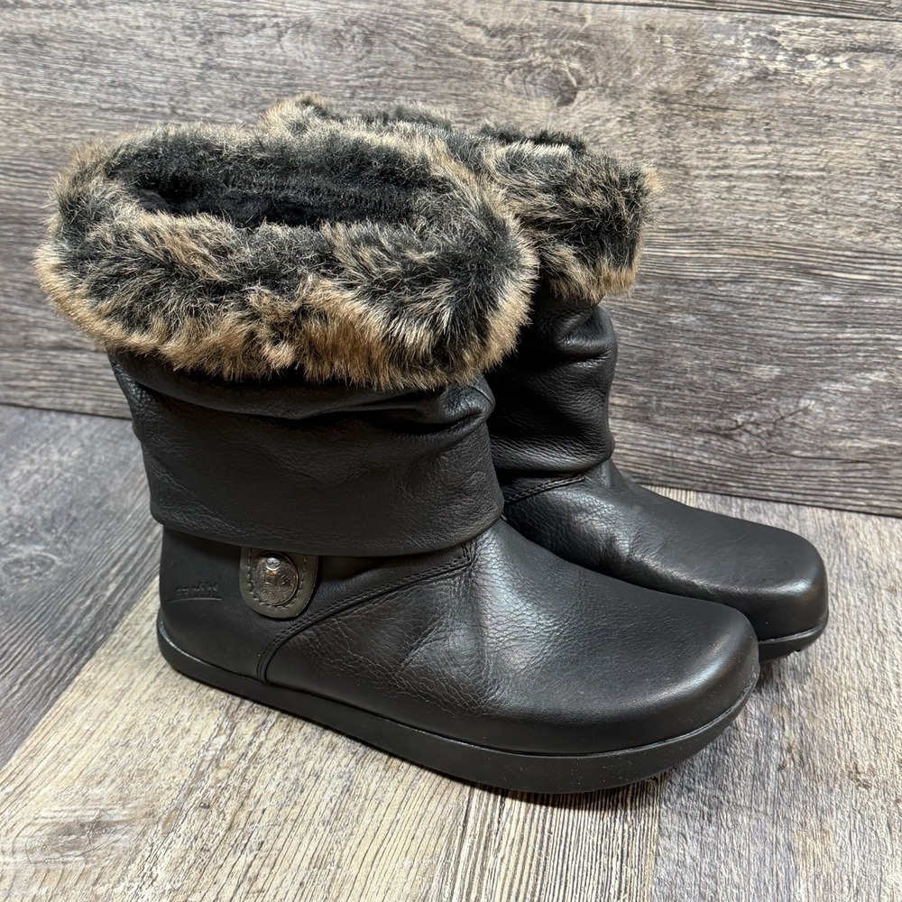 Earth Womens Shannon Black Leather Faux Fur Ankle Boots Size 6.5B Comfort Winter